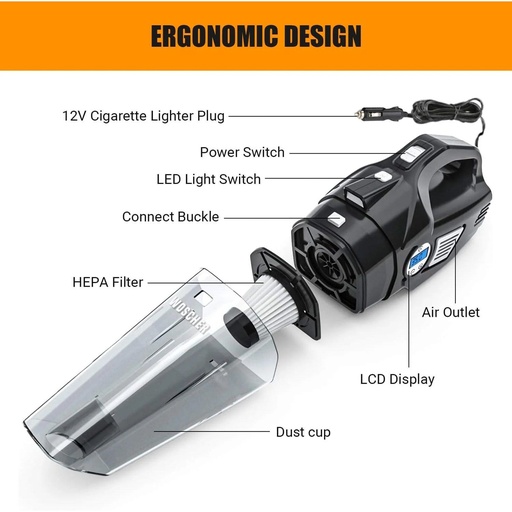 Woscher 578D 2in1 Digital Tyre Inflator and Car Vacuum Cleaner